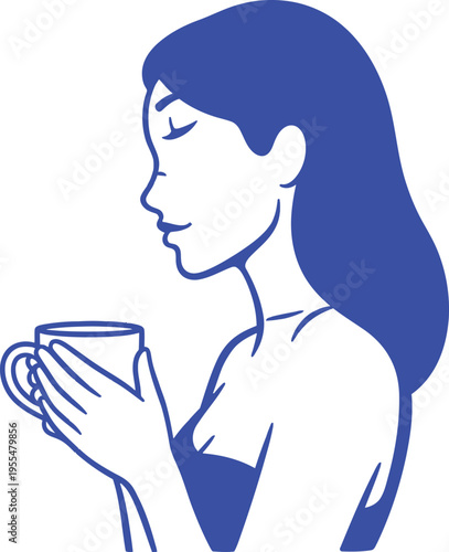 Serene woman sipping from a cup in a peaceful moment