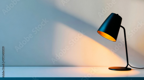 Black desk lamp casting warm glow on a minimalist white table surface, showcasing light, shadow, and modern design