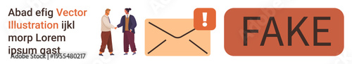 Fake news, cybersecurity, misinformation, email scams, fraud prevention, online safety. Handshake with envelope and alert symbol. Cybersecurity and misinformation