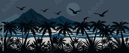 tropical night beach landscape with palm trees ocean waves mountains and birds moonlit scene dark coastal wall decor poster banner design