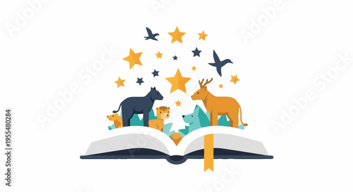 A vibrant illustration of an open storybook with various animals, stars, and nature elements emerging, symbolizing imagination and fantasy.