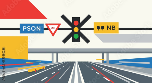 Railroad crossing gate illustration with PSON and NB signs on highway