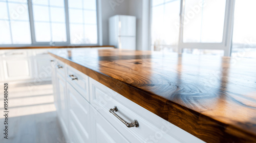 Polished wooden kitchen countertop on a white island, showcasing natural grain and a bright, modern home interior