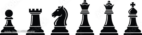 Collection of black chess piece silhouettes including king queen bishop knight rook and pawn icons isolated on white background set