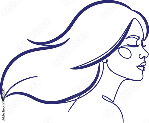 A stylized line drawing of a woman's head in profile with flowing hair