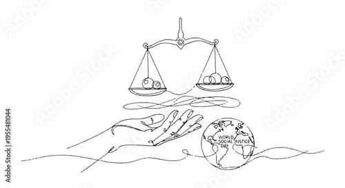 Hand holding earth with justice scale balancing elements on white background symbolizing global harmony and equilibrium