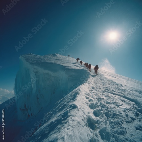 Climbers Ascend Snowy Mountain Ridge Under Bright Sun.