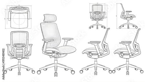 Modern Office Chair – AutoCAD Vector Illustration, Ergonomic Furniture Design Concept, White Background