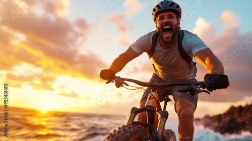 A jubilant cyclist rides along a beautiful coastal path at sunset, reflecting joy and freedom, with the ocean waves crashing in the background, creating a lively and energizing scene.