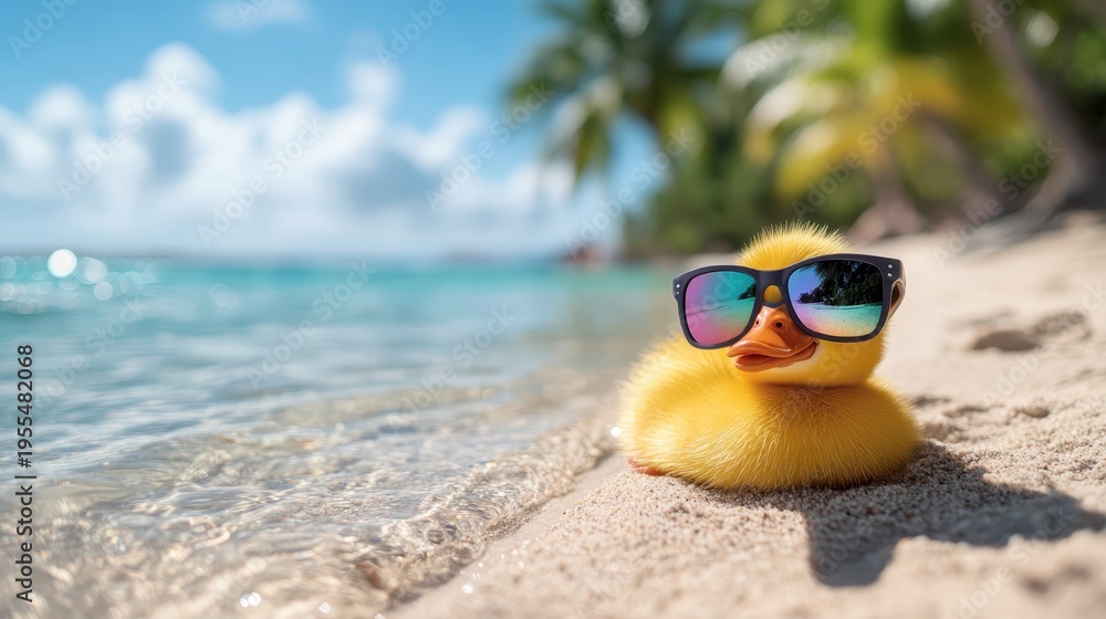 Obraz premium A cute yellow duckling wearing stylish sunglasses enjoys a sunny day on the beach, capturing the playful spirit of summer and the charm of nature's little creatures.