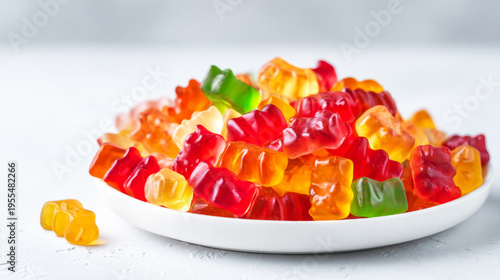 Colorful gummy bears piling high on a white plate, offering a sweet and vibrant display of sugary candy