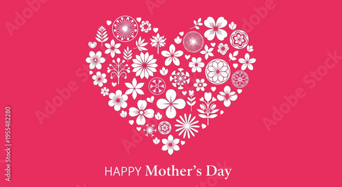 Happy Mother's Day Greeting Background with Floral Heart Shape and White Botanical Icons on Pink Background