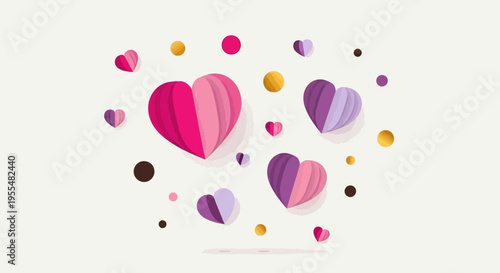 3D Paper Cut Hearts and Colorful Confetti on White Background for Romantic Design