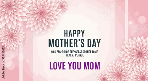 Happy Mother's Day Greeting Card with Pink Paper Cut Flowers and Bokeh Background