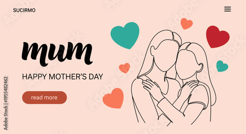 Happy Mother's Day Landing Page Banner with One Line Art Illustration of Mother and Daughter Hugging, Pastel Background with Hearts and Call to Action Button