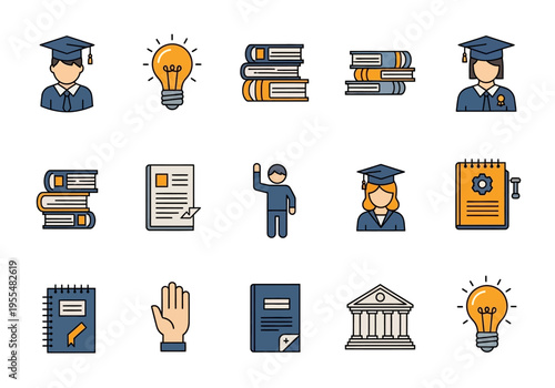 Education and Academic Icon Set: Flat Vector Symbols for Graduation, Learning, University, and Innovation