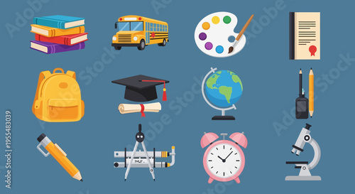 Set of Flat Education Icons and School Supplies Vector Illustration for Back to School Concept