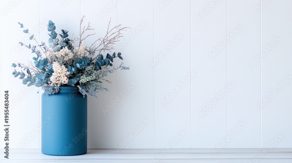 Fototapeta premium A stylish arrangement of dried flowers in a blue vase against a minimalist white wall, creating a calming and serene ambiance that enhances any interior space.