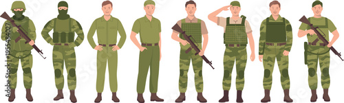 Military soldiers uniform set illustration, army personnel characters, camouflage combat gear, armed forces equipment, defense service cartoon vector