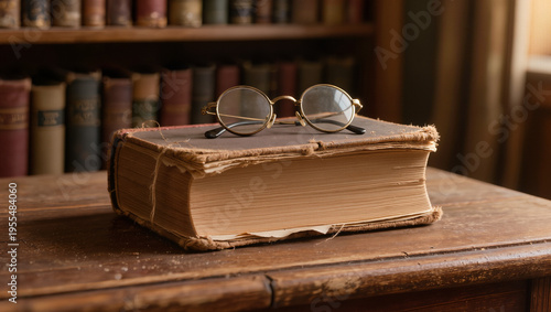 Vintage Eyeglasses on Old Book with Blurred Library Background