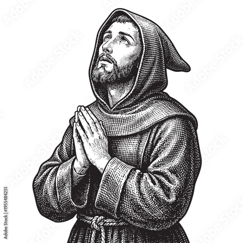Devout Monk Looking Up in Prayer Religious Engraving