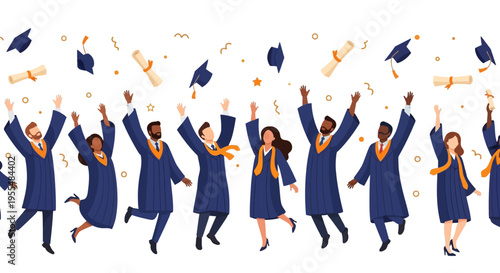 Diverse Group of Students Celebrating Graduation Jumping and Throwing Caps and Diplomas, Flat Vector Illustration