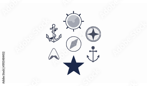 Modern nautical emblem with geometric ship wheel compass anchor and star minimal navy vector icon