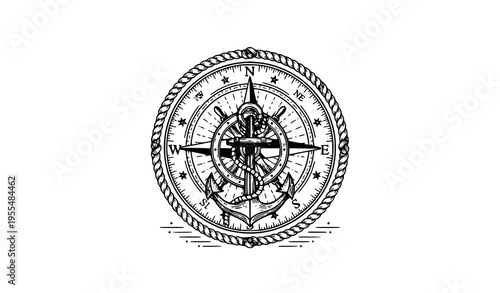 Vintage nautical crest with compass rose anchor and ship wheel in engraved navy line art style