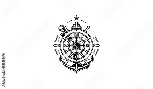 Classic nautical emblem with ship wheel compass anchor and star in navy blue flat vector design