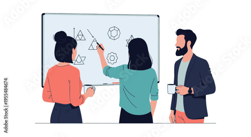 Business Team Brainstorming and Drawing on Whiteboard in Office