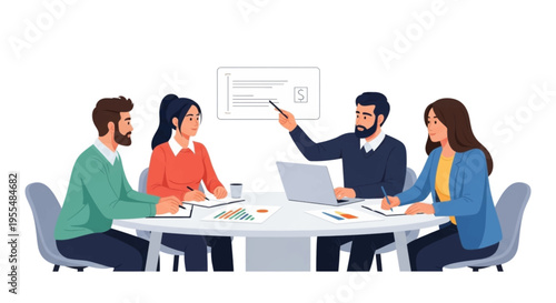 Professional business team collaborating and having a meeting around a table with a data presentation on a screen in a modern office