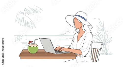 Woman working on laptop at beach with coconut drink digital nomad concept illustration