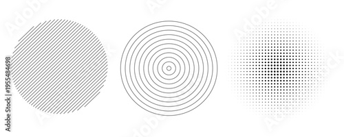 Set of dotted curved abstract shapes. Dotted pattern in halftone theme. Curved and twisted abstract gradients. Vector design element in black and white color.