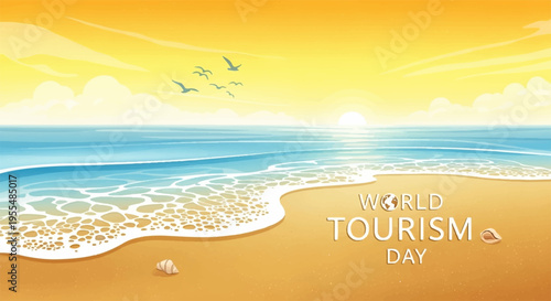 World tourism day celebration at serene beach with sunset background and flying birds
