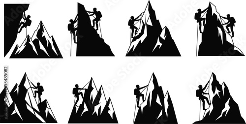 Mountain climber silhouettes, rugged peaks, rope ascent, outdoor adventure, mountaineering icons, summit challenge, perseverance teamwork, black and white illustration