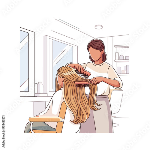 A hairdresser brushing a client's long blonde hair in a modern salon, illustrating hair care and styling.