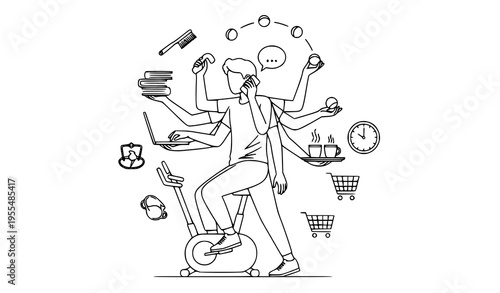 Multitasking work productivity outline vector illustration