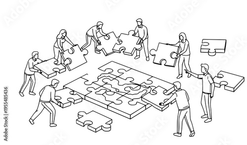 Teamwork puzzle solving collaboration outline vector illustration