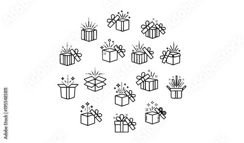 Open gift box outline icons set minimal line present symbol collection with ribbon and surprise elements