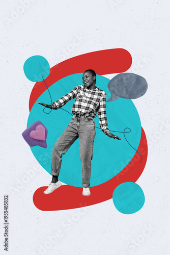 Exclusive artwork banner creative collage of happy girl stand communication icon chatterbox like feedback sms networking