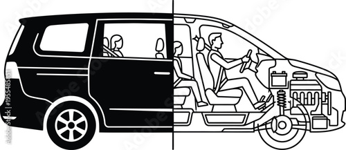Cutaway technical illustration of family minivan showing interior seats passengers engine and mechanics