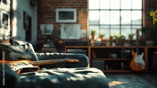A rustic living room featuring a guitar on a couch bathed in soft natural light, revealing a serene and creative atmosphere for music lovers and relaxation.