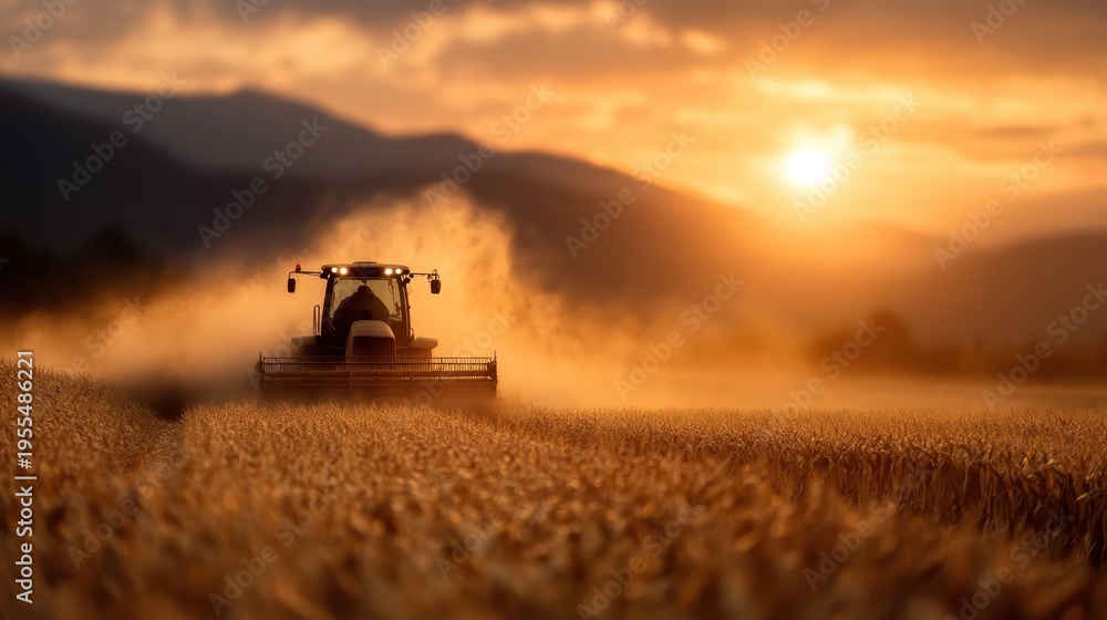 Fototapeta premium A serene landscape captures a tractor working a wheat field during golden hour, with warm sunlight casting a beautiful glow over the agricultural scene in the hills.