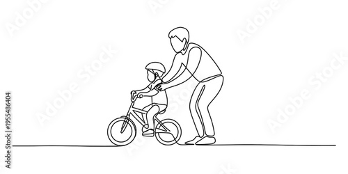 Father helping his young child learn to ride a bicycle in a minimalist continuous line drawing style Vector, illustration