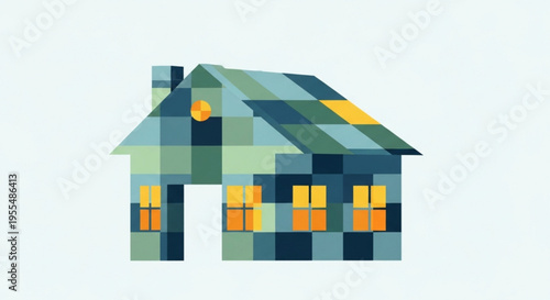 Colorful pixelated house with yellow windows on a light blue background representing home and architecture