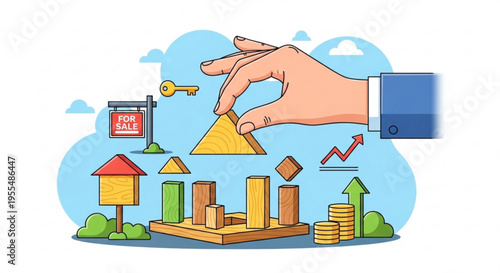 Business growth concept with hand placing pyramid on bar graph amidst financial and real estate symbols