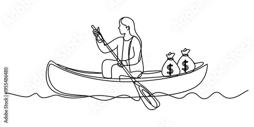 Continuous line drawing of a woman rowing a canoe with money bags representing financial journey. Vector, illustration