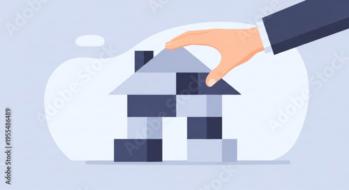 Businessman building a house with blocks on a light blue background with white circle