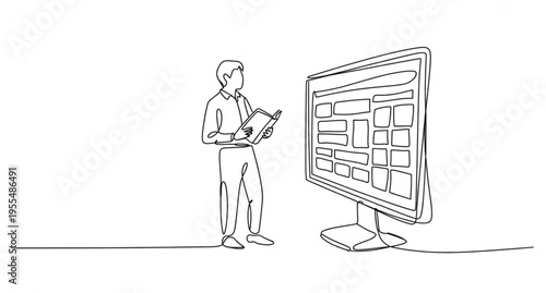 Continuous line drawing of a person holding a book and looking at a computer monitor screen Vector, illustration