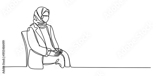 Single continuous line drawing of a professional woman wearing a hijab and sitting on a chair Vector, illustration
